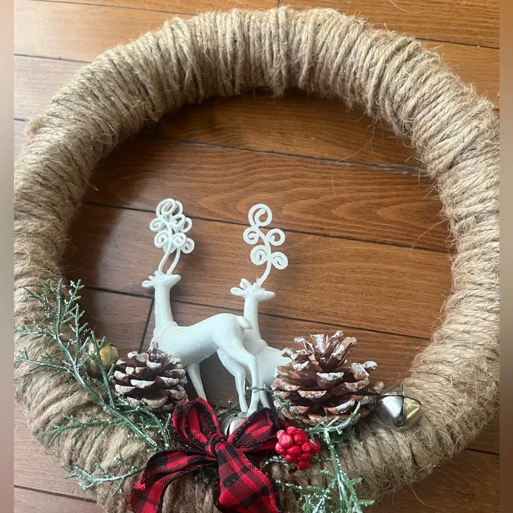 Handmade Rustic Holiday Wreath with Reindeer and Pinecones